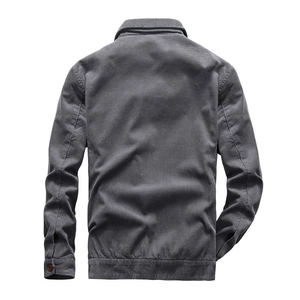 Back view of a classic men corduroy jacket in charcoal grey with a casual workwear style