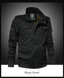 Front view of black tactical cotton jacket with four flap pockets and ribbed hem