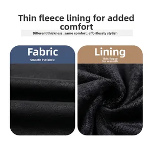 Detail showing smooth black PU leather texture and soft thin fleece lining of the jacket