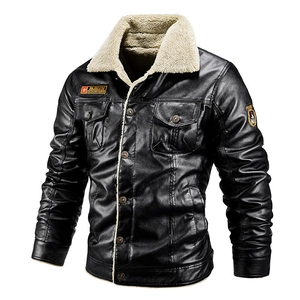 Men's black PU leather jacket with sheepskin collar and embroidered tactical pockets