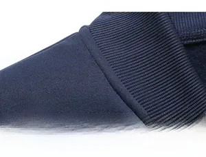 Detailed macro view of the navy blue sweatshirt ribbed neckline with durable double stitching