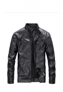 Detailed close-up of men's black PU leather biker jacket with quilted shoulder texture
