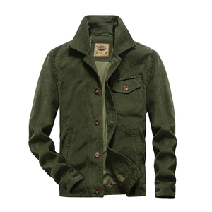 Classic olive green corduroy utility jacket for men with vintage button-up design
