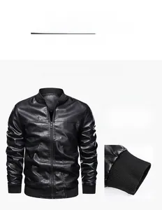 Detailed view of black faux leather motorcycle jacket featuring ribbed cuffs and zipper