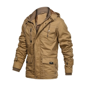 Detail of khaki workwear jacket showing warm fleece lining and functional multi-pockets