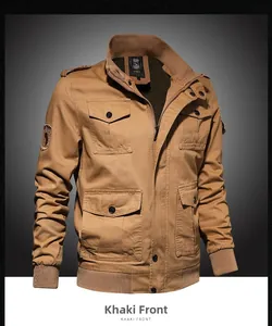 Detail view of khaki cotton military jacket featuring epaulets and four large cargo pockets