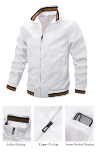 Detail view of white bomber jacket with striped ribbed collar and inner phone pocket