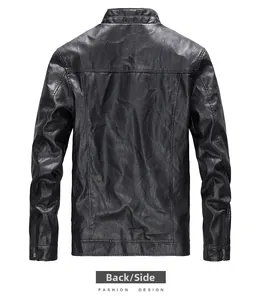 Detail view of the back of a men's black PU leather biker jacket with stand-up collar