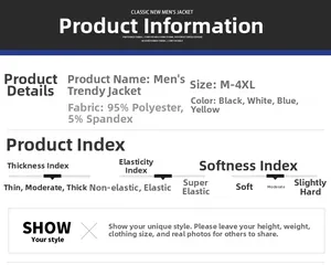 Men's casual jacket fabric specifications showing polyester blend and size range