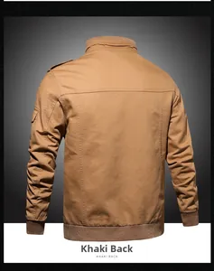 Detail view of khaki tactical jacket back featuring epaulettes and ribbed hem finish