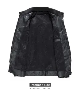 Detail view of the black faux leather jacket featuring a warm fleece lining and inner pocket