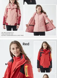 Detail of women's 3-in-1 waterproof jacket showing pink fleece liner and hooded design