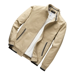 Classic khaki men's stand collar cotton jacket with sporty striped webbing details