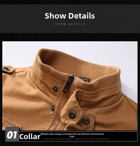 Close-up of khaki cotton tactical jacket collar with ribbed knit and metal snap details