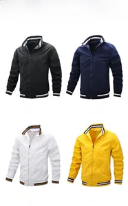 Men's casual bomber jackets with striped stand collar in black, blue, white and yellow