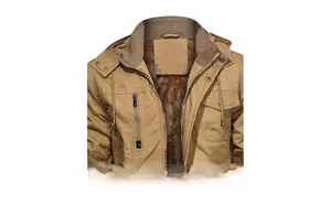 Detail of khaki work jacket collar with warm brown faux fur lining and hood