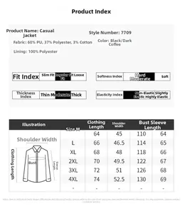 Size chart for men's PU leather motorcycle jacket showing detailed body measurements