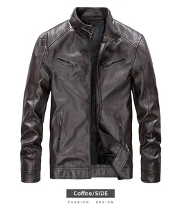 Close-up of coffee brown leather jacket showing metal zippers and stand collar details