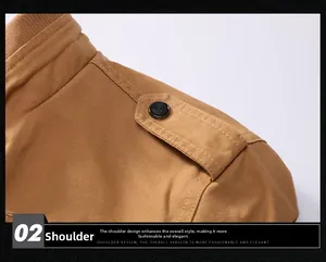 Detailed view of tactical cotton jacket shoulder featuring epaulet and rib-knit collar
