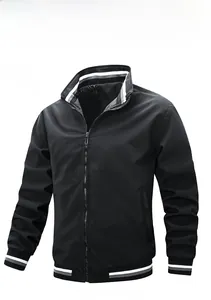 Detail of men's black bomber jacket with striped ribbed collar and metal zipper