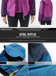Detail view of detachable hood and water-resistant fabric on couple's outdoor jacket