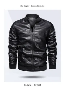 Flat lay of men's black PU leather biker jacket with stand collar and ribbed details