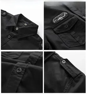 Detail of black tactical cotton shirt featuring embroidered patches and military epaulettes