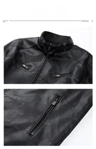 Detail of pilot stand collar and metal zipper pocket on black faux leather jacket
