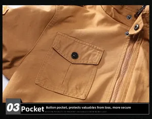 Macro shot of khaki cotton jacket showing zip fly, buttoned flap pocket and twill texture