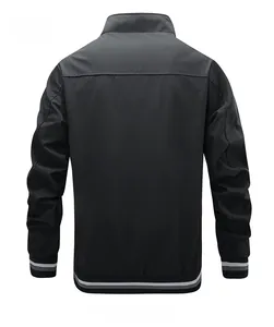 Back view of a black men's jacket with striped ribbed cuffs and collar detailing