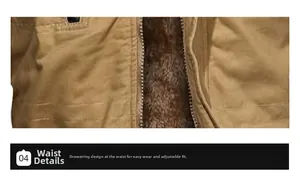 Detail view of khaki jacket waist with adjustable drawstring and metal zipper closure