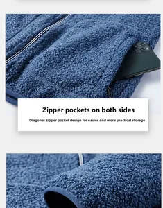 Détail de la veste polaire bleue avec poche latérale zippée et tissu en peluche doux