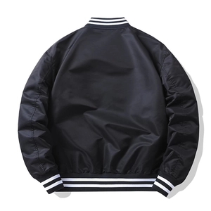 Rear view of black nylon varsity jacket showing striped ribbed collar and hem detail