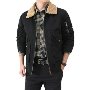 Blouson aviateur noir en coton pour homme avec doublure polaire et col en fausse fourrure