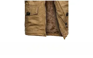 Detail of khaki jacket showing warm dark brown fleece lining and buttoned side pocket