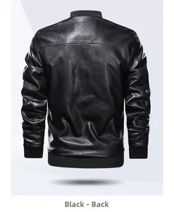 Detailed back view of men's black faux leather jacket with ribbed stand collar and hem
