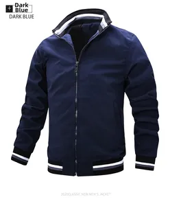 Detail of navy blue bomber jacket collar and cuffs with striped ribbed texture