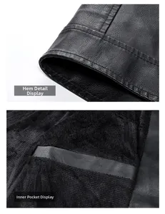 Detail of men's leather jacket showing sleek hem stitching and warm fleece lining with pocket