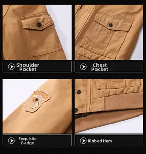 Detail view showing tactical cotton jacket shoulder pockets, embroidery and ribbed hem