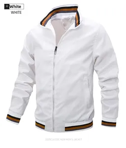 White men's bomber jacket with striped rib-knit collar and hidden zipper pockets