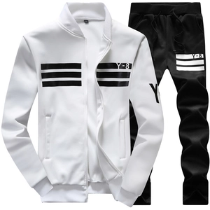 Men's white sports tracksuit with black stripes featuring Y-8 logo and zip-up jacket