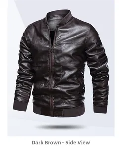 Detailed side view of dark brown faux leather bomber jacket with ribbed cuffs and stand collar