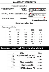 Detailed size chart for men casual polyester jacket with measurements and weight recommendations