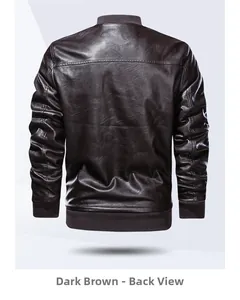 Back view of a dark coffee men's faux leather jacket with ribbed cuffs and hem details