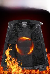 Detail of men's slim fit PU leather jacket featuring warm fleece lining and stand collar