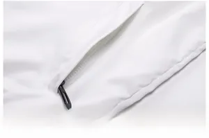 Close-up of white bomber jacket slanted pocket featuring a durable black zipper puller