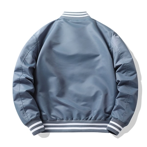 Back view of gray-blue pilot bomber jacket with white striped ribbed collar and cuffs