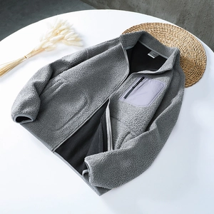 Unisex Casual Teddy Fleece Jacket Warm Sherpa Fleece Outdoor Jacket With Contrast Zipper Pocket Stand Collar Coat For Winter