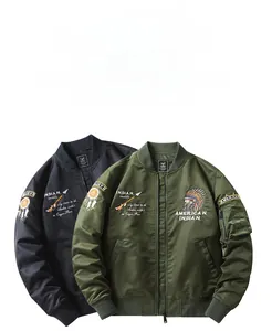 Macro shot of MA-1 flight jacket with Indian-style embroidery and silk nylon fabric texture
