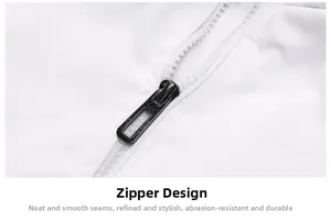 Close-up of durable white zipper with black matte metal slider on men's baseball jacket